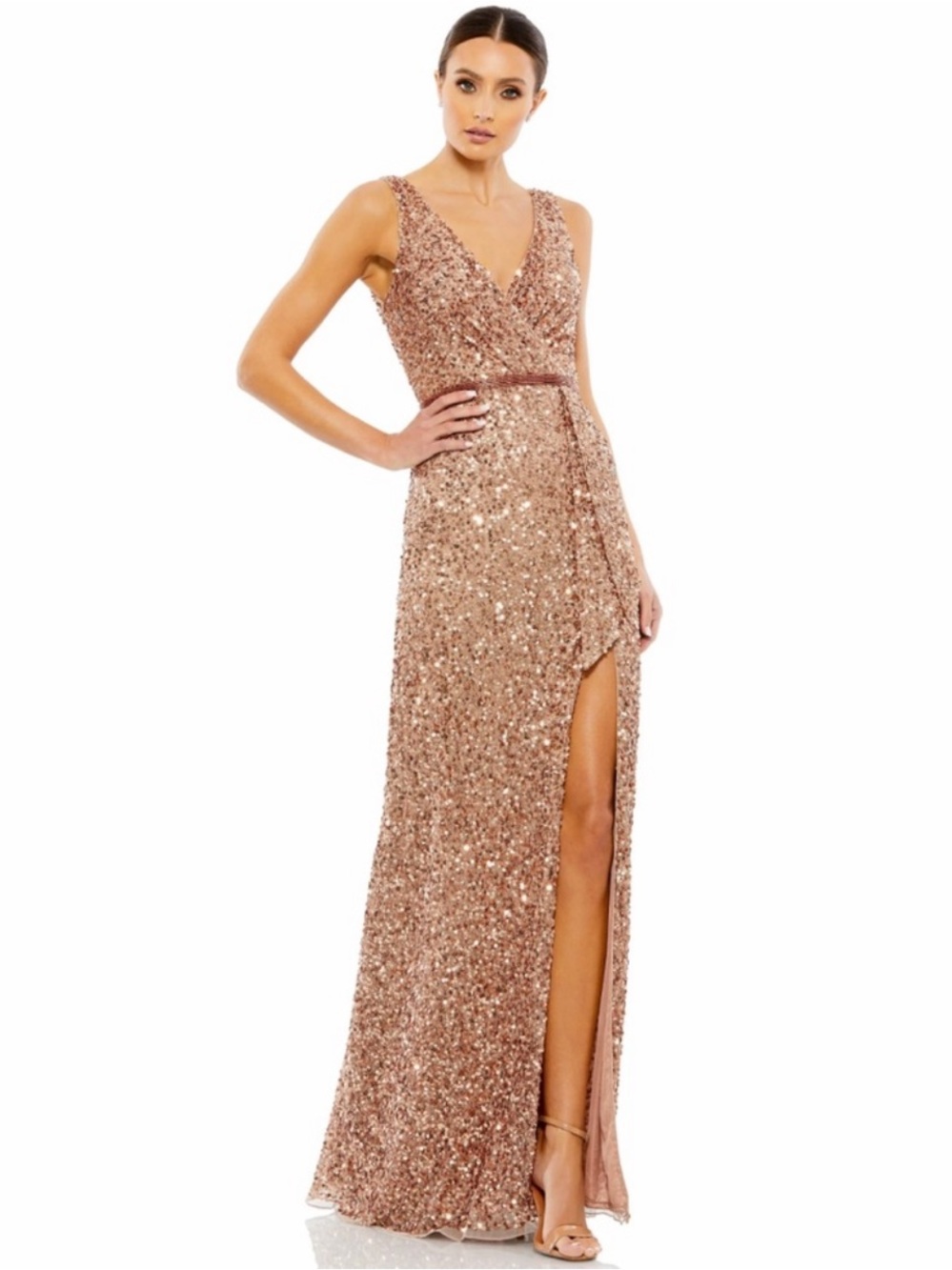 MAC DUGGAL V-Neck High Slit Sequined Wrap Gown NEW Size 10 Copper Dress